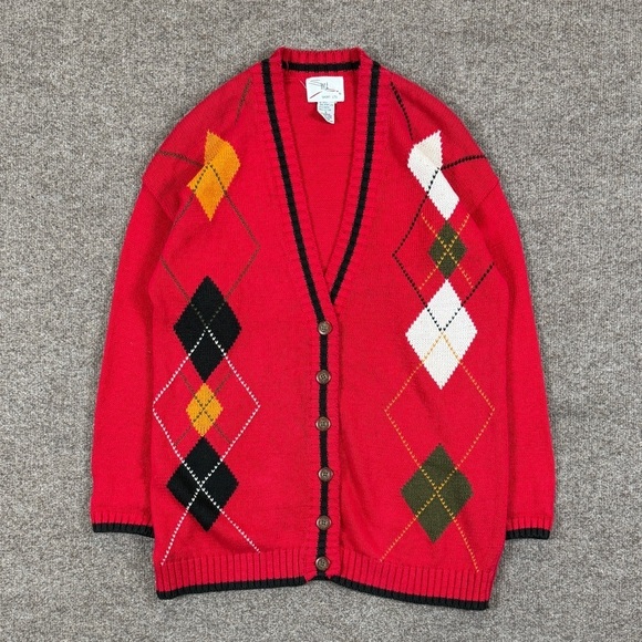 SML Sport Sweaters - Vintage 90s Red Argyle Diamond Deep V-Neck Cardigan Sweater Women S Teacher Core